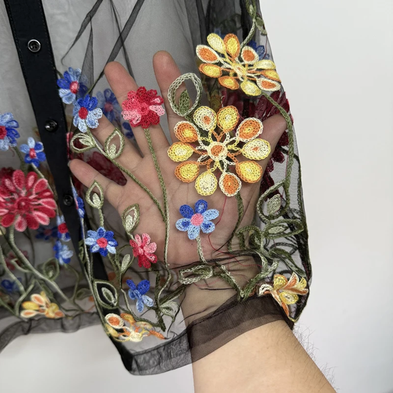 PFHQ بقماش شفاف قمصان الذكور الملونة زهرة التطريز تصميم تنوعا الطبقات شخصية طويلة الأكمام قميص رجالي المد 21E7201