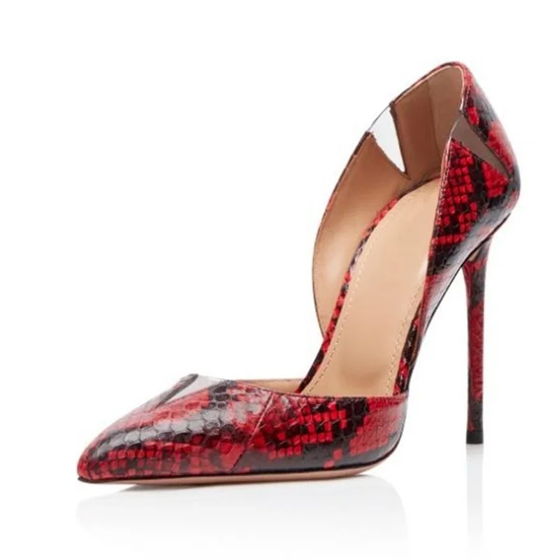 

Red Snakeskin V Cut High Heel Shoes Sexy Python Pattern Leather Pointed Toe Stiletto High Heel Celebrating Shoes Size 46