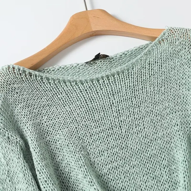 Tangada 2024 Autumn Winter Women Green Slash Neck Loose Knitted Sweater Jumper Female Pullovers 4C096