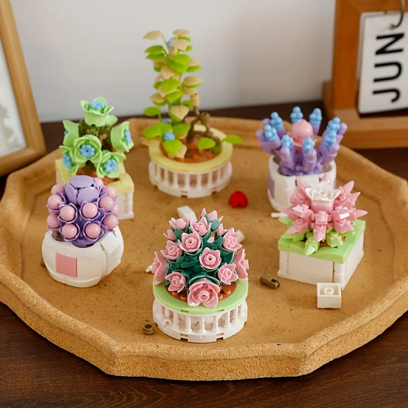 Bouquet Moc Block Flower Succulents Bonsai Potted Building Blocks Romantic Kit Assembly Bricks Toys For Kids Girl Christmas Gift