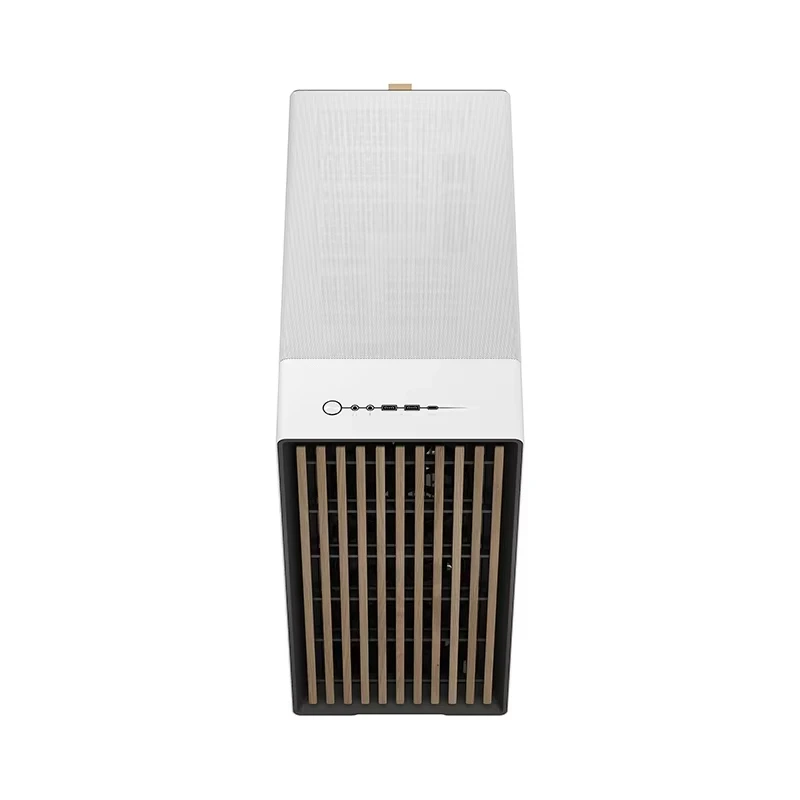 The desktop is bottom-mounted with a walnut panel chassis