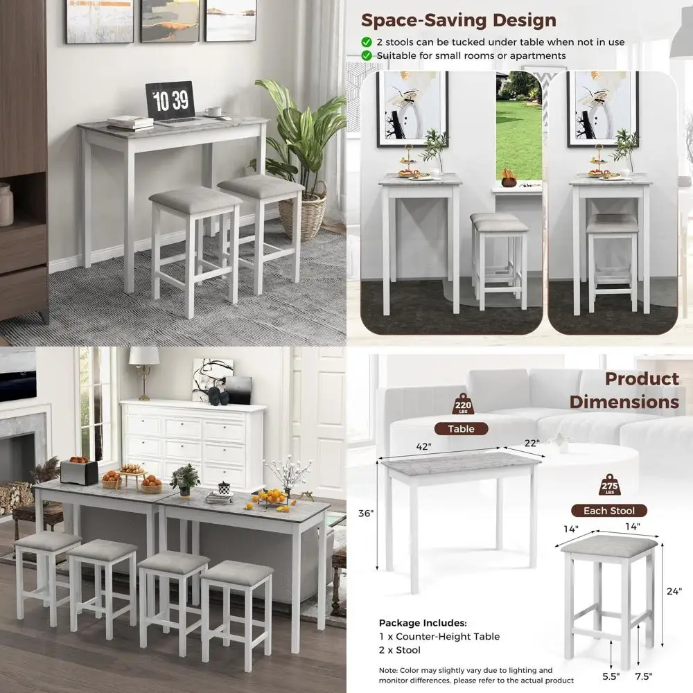 White & Grey 3-Piece Dining Set or 2-Seat Counter Height Table with Bar Stools, Ideal for Small Spaces, Breakfast Nook, Kitchen
