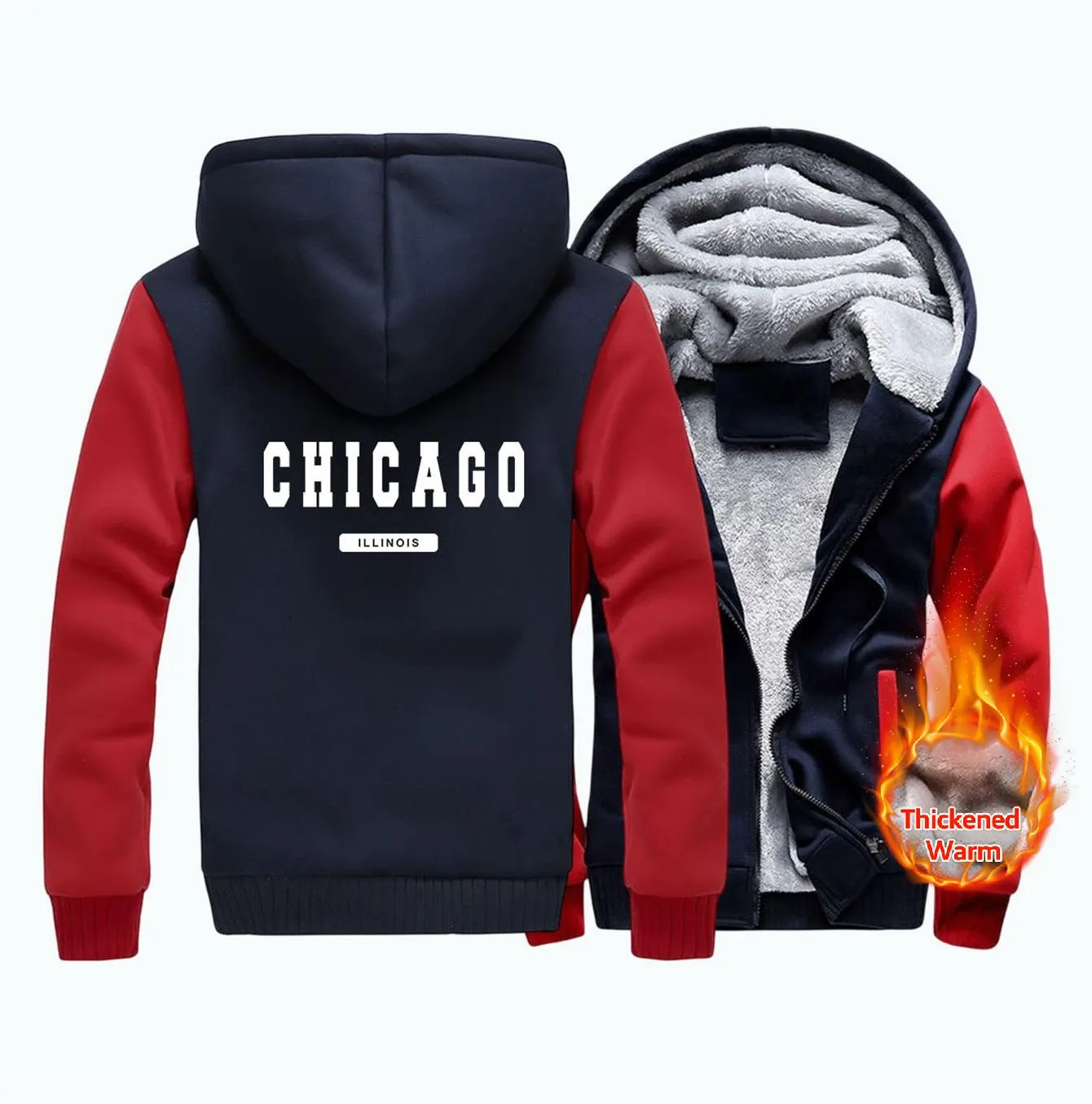 

Chicago Illinois Letter Print Hoodie Man Thickened Zipper Casual Big Size Hooded Warm fur-liner Hoodie Simple M-XXXXXL Tops