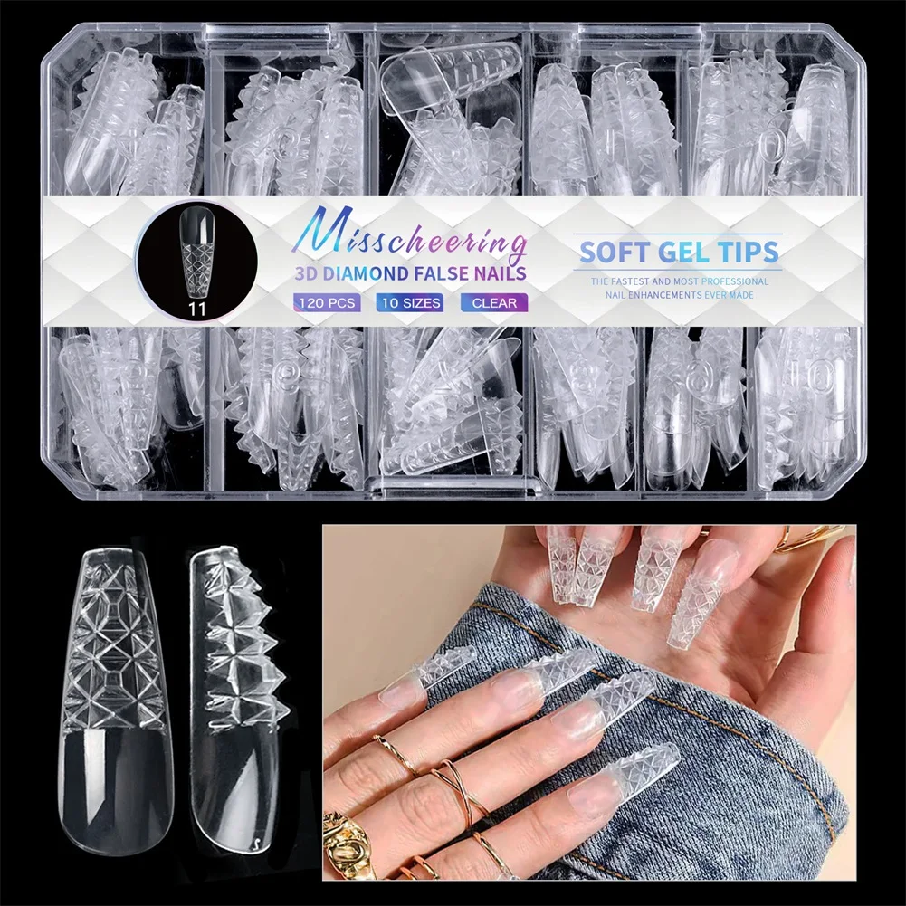 

3D Texture Diamond Shape Press Nails Sculpted Full Cover Nail Tips False Nails Fit To Natural Appearance Manicure Salon