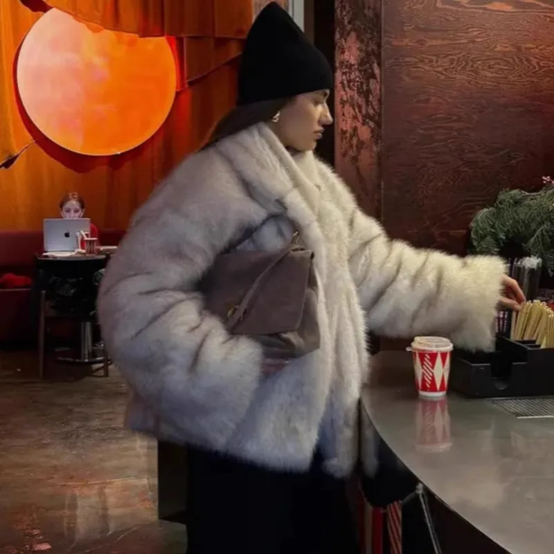 2025 겨울 패션 오버사이즈 그라데이션 퍼 코트 여성 두꺼운 따뜻한 긴 소매 라펠 아우터웨어 플러피 인조 여우털 재킷