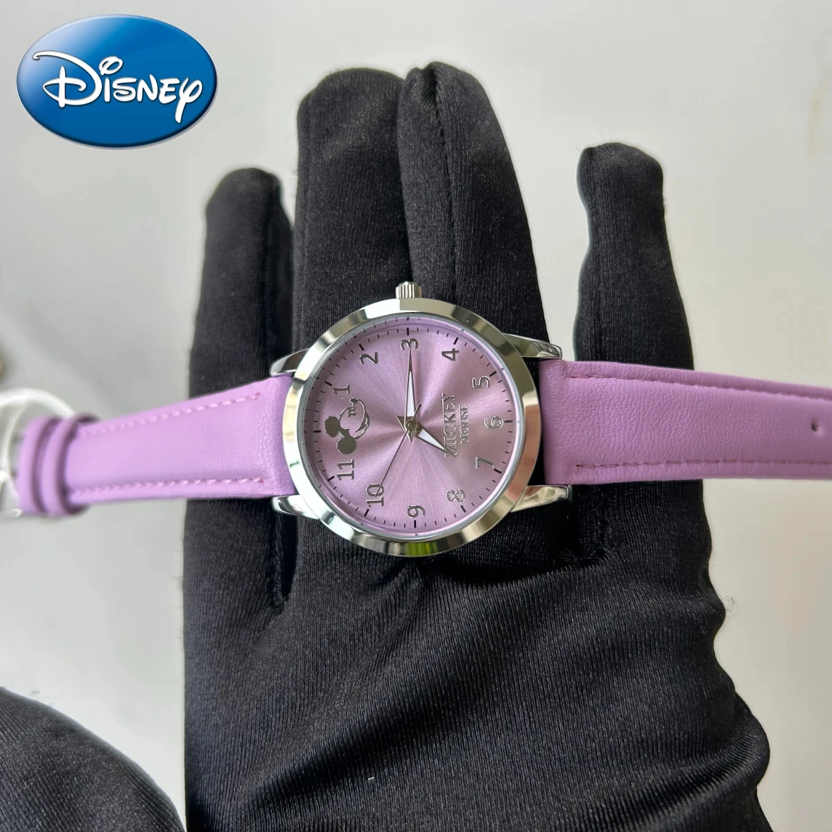 Relógio de quartzo mickey feminino da disney, roxo, cor da sorte, estudante, impermeável, presente para crianças, caixa incluída