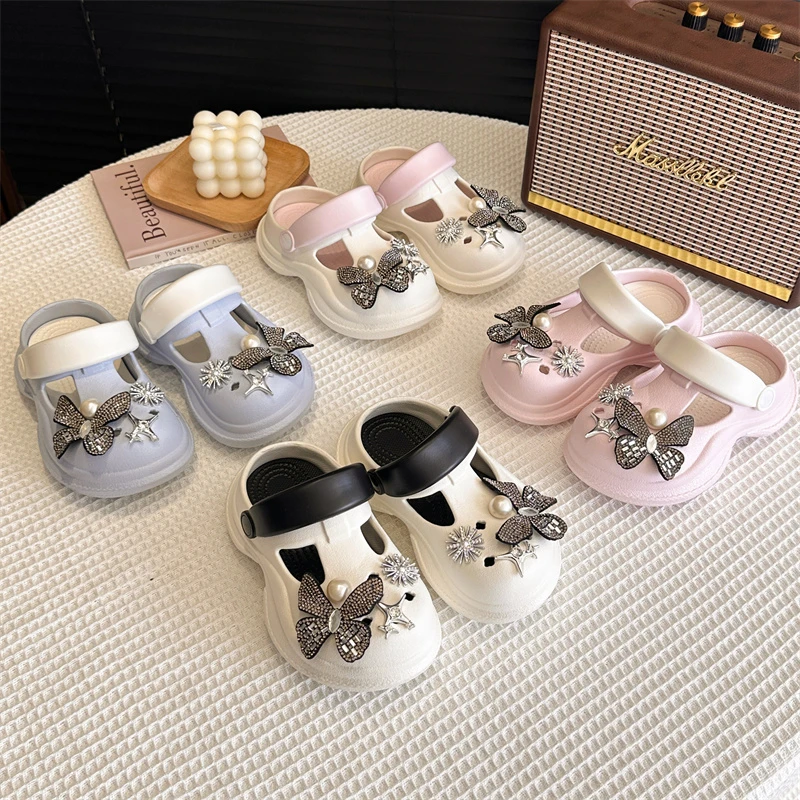 

Cartoon Star Crystal Butterfly Pearl Clogs Boys and Girls, Parent-Child Outdoor Slippers, Non-Slip Height-Increasing Closed-Toe