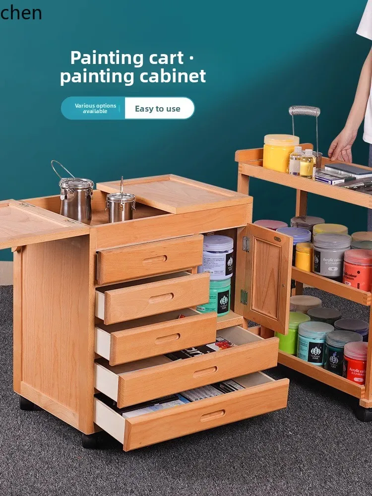 

YXY Movable Multi-layer Storage Art Tools Supplies Toolbox Storage Box Solid Wood Painting Cabinet