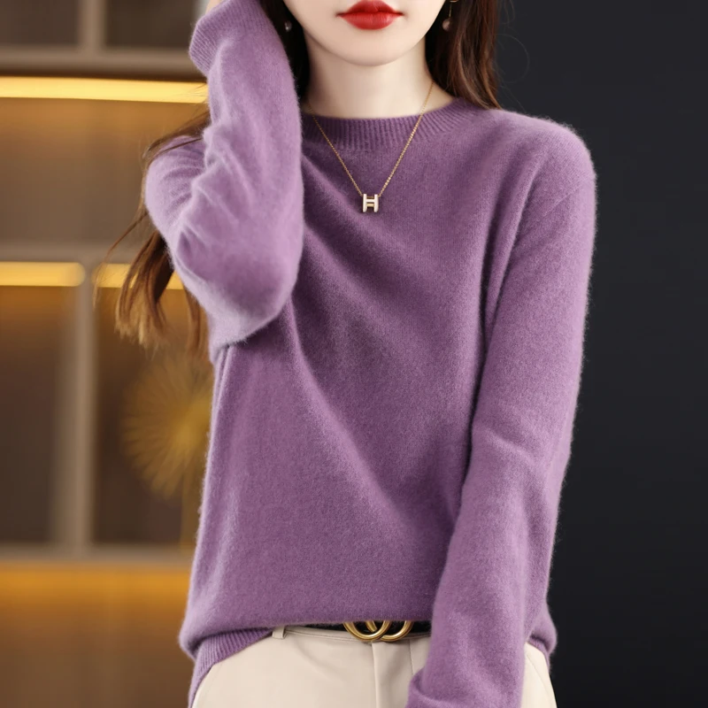 

100% pure woolen sweater female new autumn and winter crewneck sweater cover solid color loose and thin all matching short