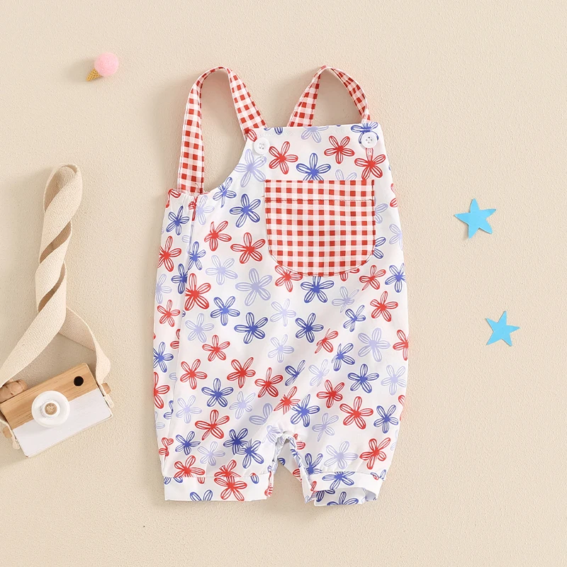 Toddler Denim Romper Striped Tank Top and Shorts Set Patriotic American Flag Print Outfit for Independence Day