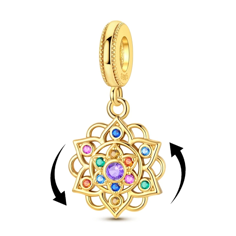 925 Sterling Silver Charms Bead CZ Zircon Gold Plated Rotating Lotus Pendants DIY Jewelry Woman Gift