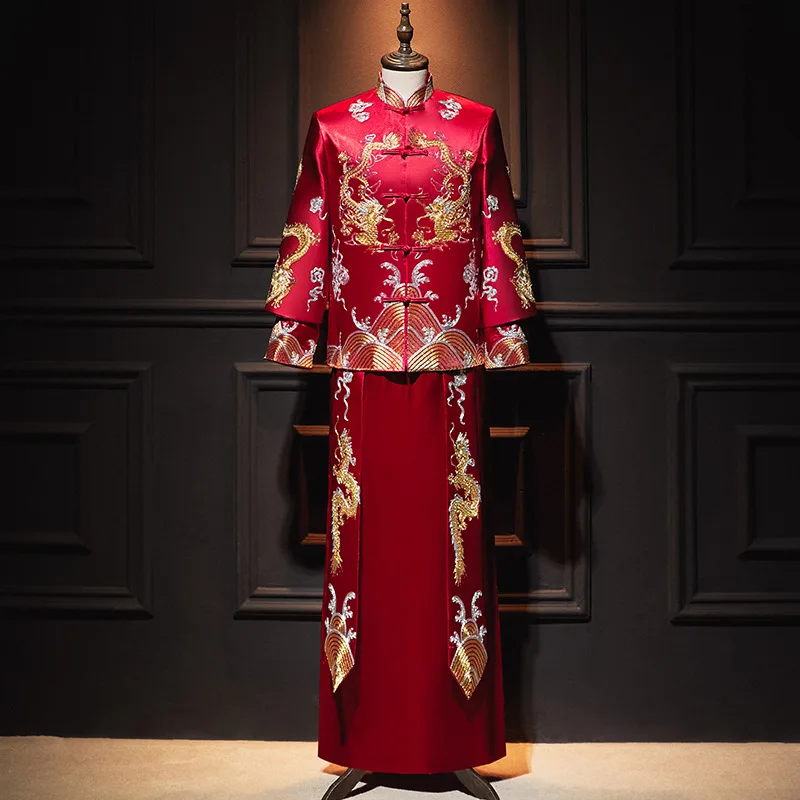 

Men's Clothes Wedding Dress Tang Suit Chinese Traditional Groom Dragon Embroidery Red Long Sleeved Hanfu