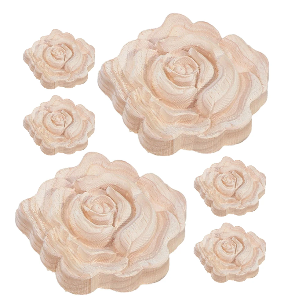 

6pcs European Vintage Flower Embossed Appliques Sturdy Wood Relief Rose Decals For Furniture Wall Cabinet Door Craft Supplies