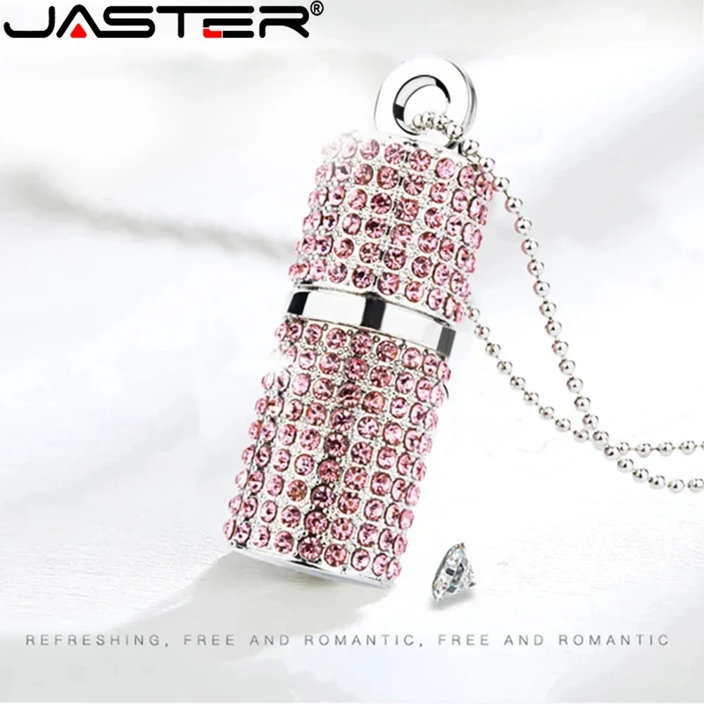 JASTER Crystal USB 2.0 Flash Drive 128GB  Pen Drive 64GB  Blue Pink Memory Stick 32GB Crystal Necklace Creative Birthday Gift