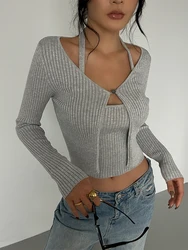 WOMENGAGA Spicy Girl Wool Knitted Two Piece Set For Women Autumn New Long Sleeved Cardigan Short Camisole Sweater Fahsion A9EB