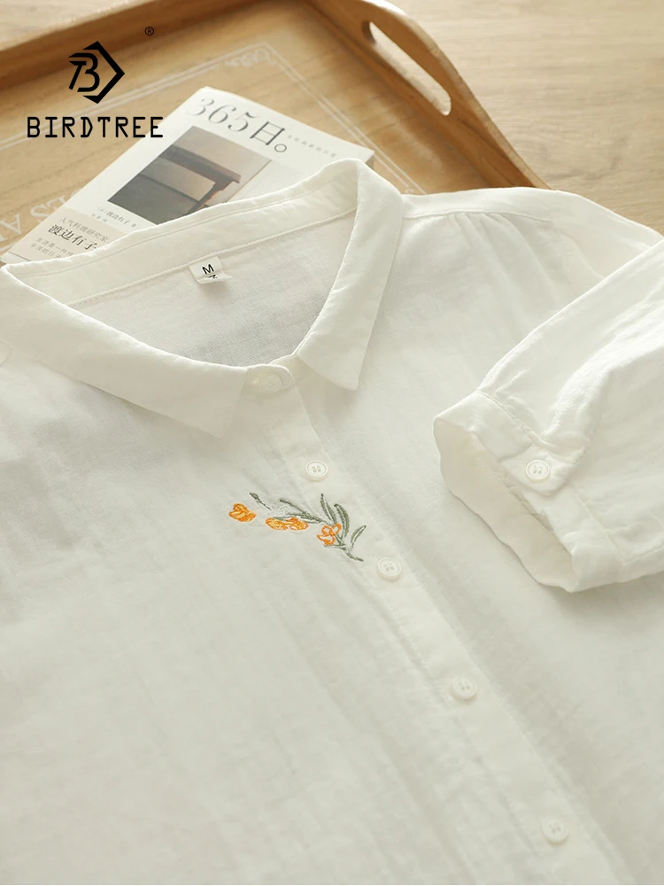 New 2026 Autumn Women Cotton Yarn 3/4 Sleeve Shirt, Turn-down Collar Embroidery, Mori Girl Casual Soft Loose Blouse T67325CC