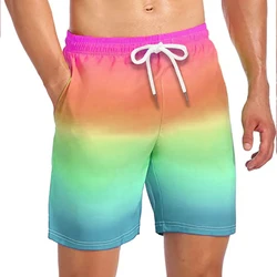 Calção de praia seca rápida masculina, calção de banho, cor gradiente arco-íris, calção casual para férias, verão