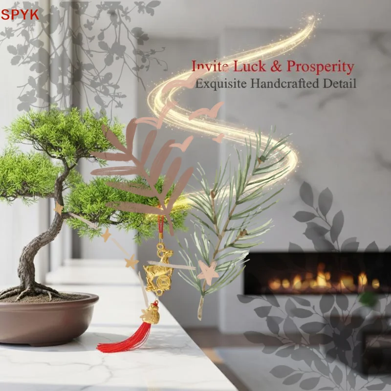 Golden Chinese Zodiac Goat Hanging Ornaments With Red Tassel: Lucky Charms Spring Festival Home Car Decor