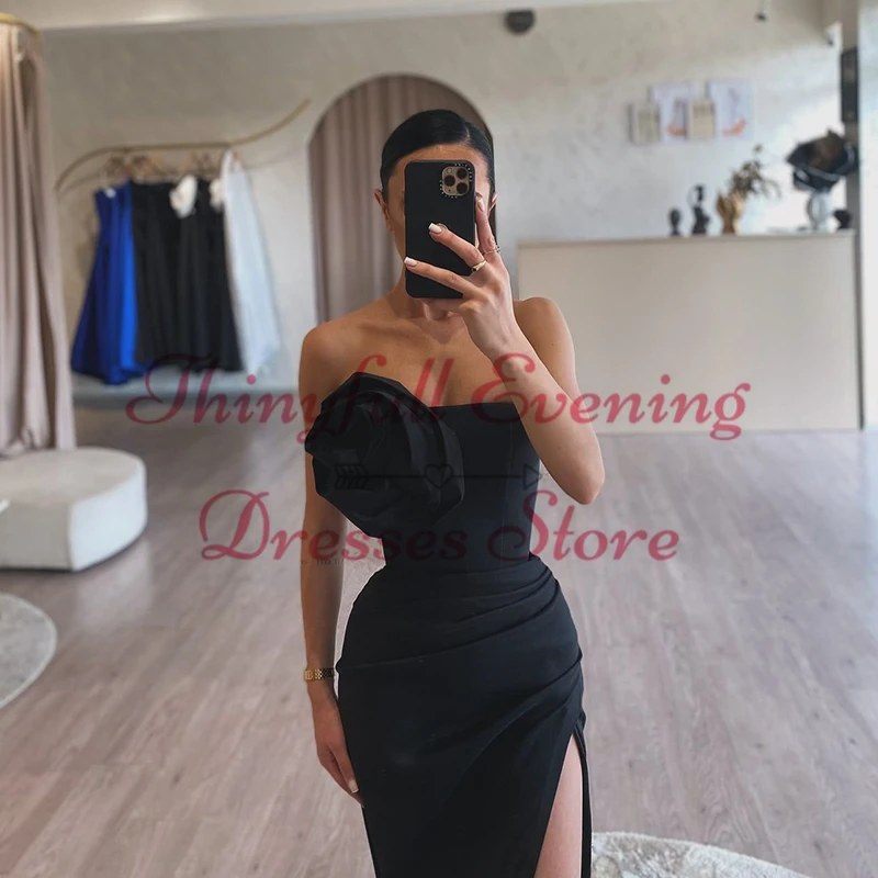 Thinyfull 2025 Black Mermaid Prom Evening Dresses Saudi Arabia Strapless Split Dress Formal Night Cocktail Prom Gowns Plus Size