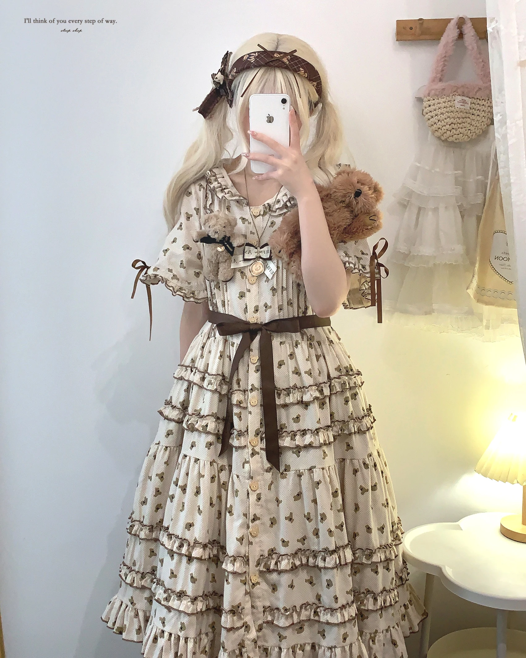 Japanese Style Mori Cute Bear Printed Lace-up Bow Layered Hood Flare Sleeve High Waist A-line Single-Breasted Sweet Dress Women