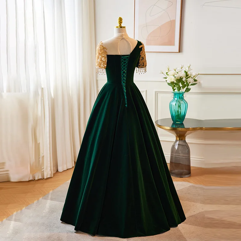 Abito da sera velluto verde a-line collo alto lunghezza del pavimento Appliques stringate maniche corte nuovi abiti da cerimonia da festa donna B2716