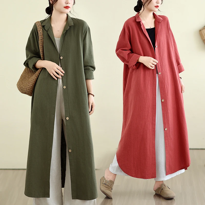 New Spring Autumn Casual Elegant Long over Knee Cardigan Minimalist Draping Pure Color Button Women's Cotton Shirt