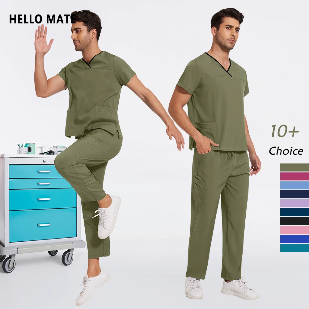 

New Style Scrubs Set For Men Beauty Lab Workwear Medical Nurse Uniforms Stretch Pocket Top With Straight Pants Surgery Overalls
