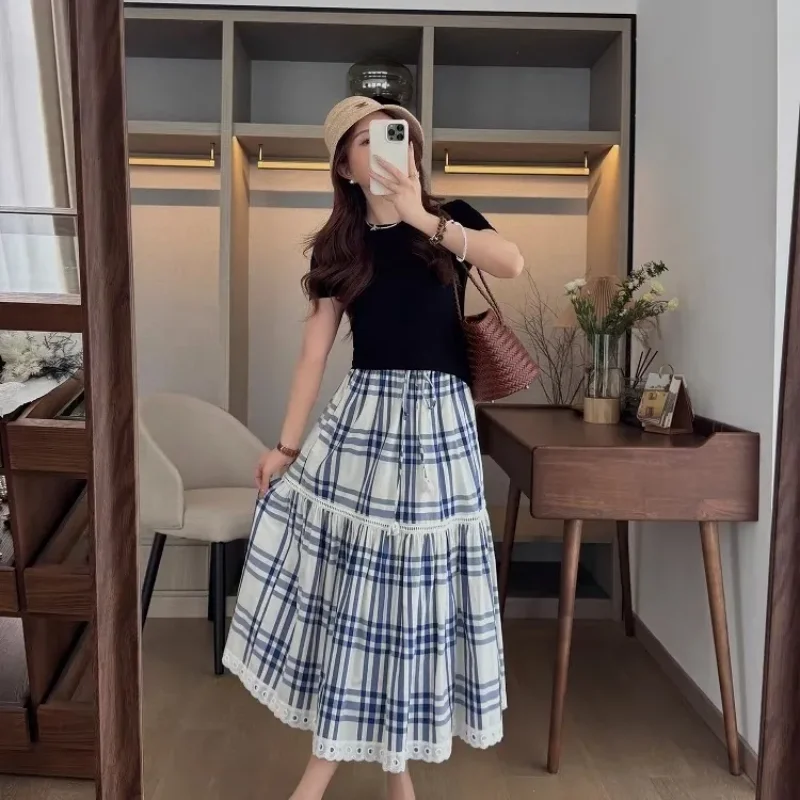 Women's Blue White Plaid Maxi Skirt Elastic Waist Drawstring Ruffled Hem Hollow Out Casual Long Skirt