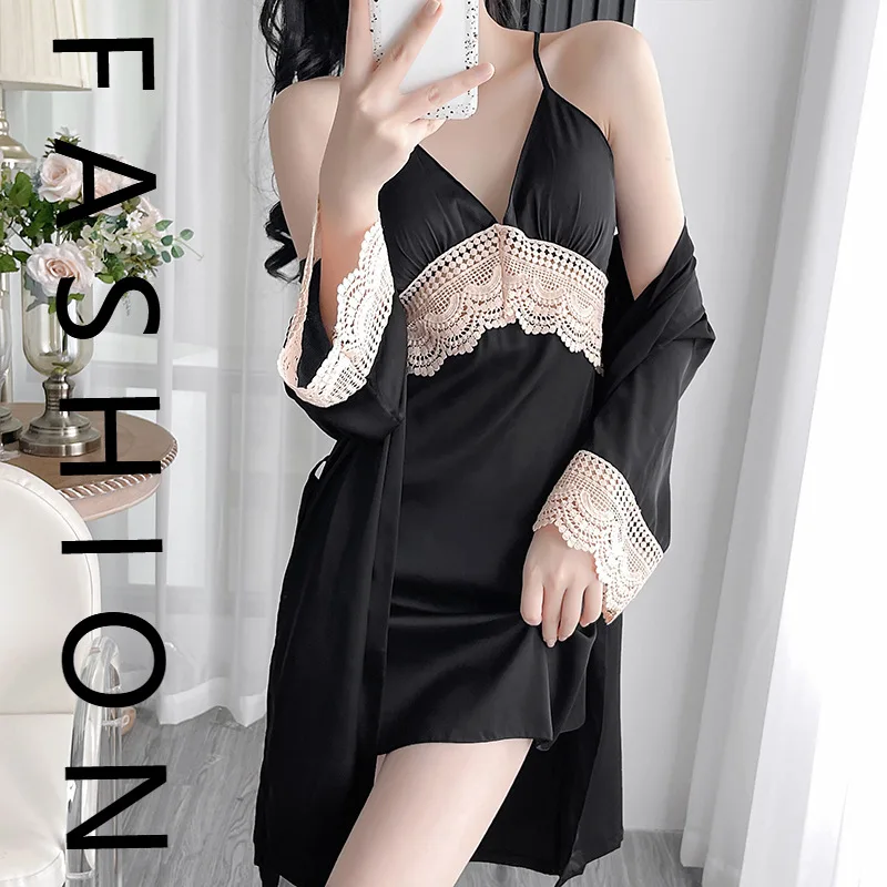 

Sexy pajamas for women's spring and autumn models, satin ice silk suit, summer with chest pad, beautiful back suspender, nightdr