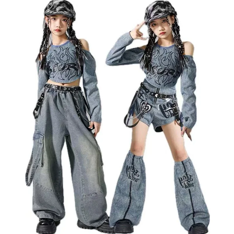 

Cool Girl Hip Hop Jeans Tops Fashion Street Style Clothing Kids Hiphop Outfit Denim Dance Costume Child y2k Performance Clothes