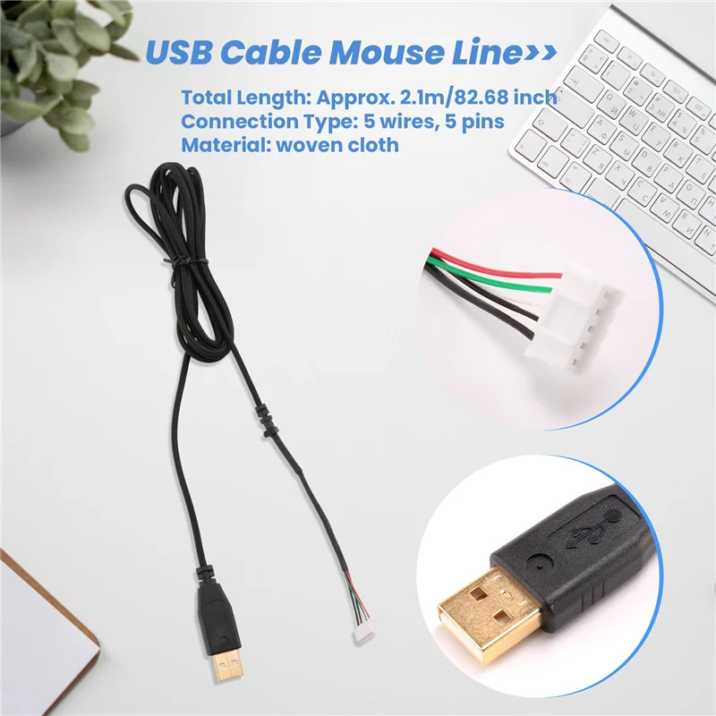 AEE7-Usb Cable Mice Line For Razer Deathadder 2013 Approx. 2.1M 5 Wires 5 Pins Black Gold Plated Replacement Gaming Mouse
