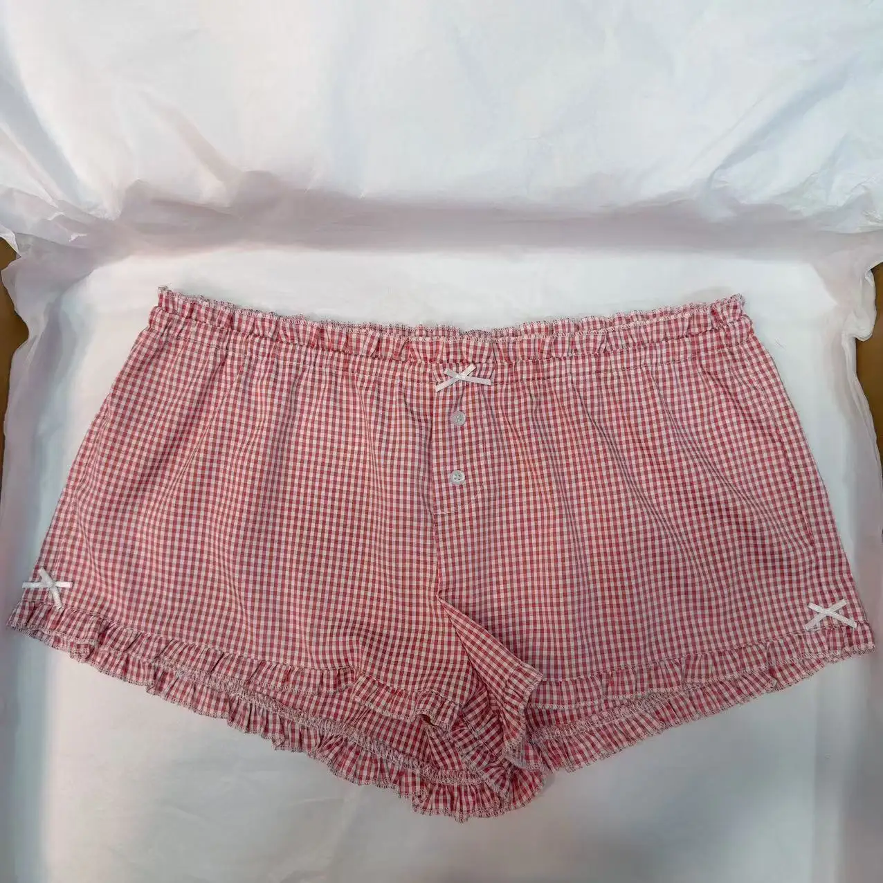 핑크 플래드 러플 반바지 여성 여름 투버튼 보우 밴딩 슬림 숏 팬츠 프레피 스타일 스윗 캐주얼 홈 박서 반바지