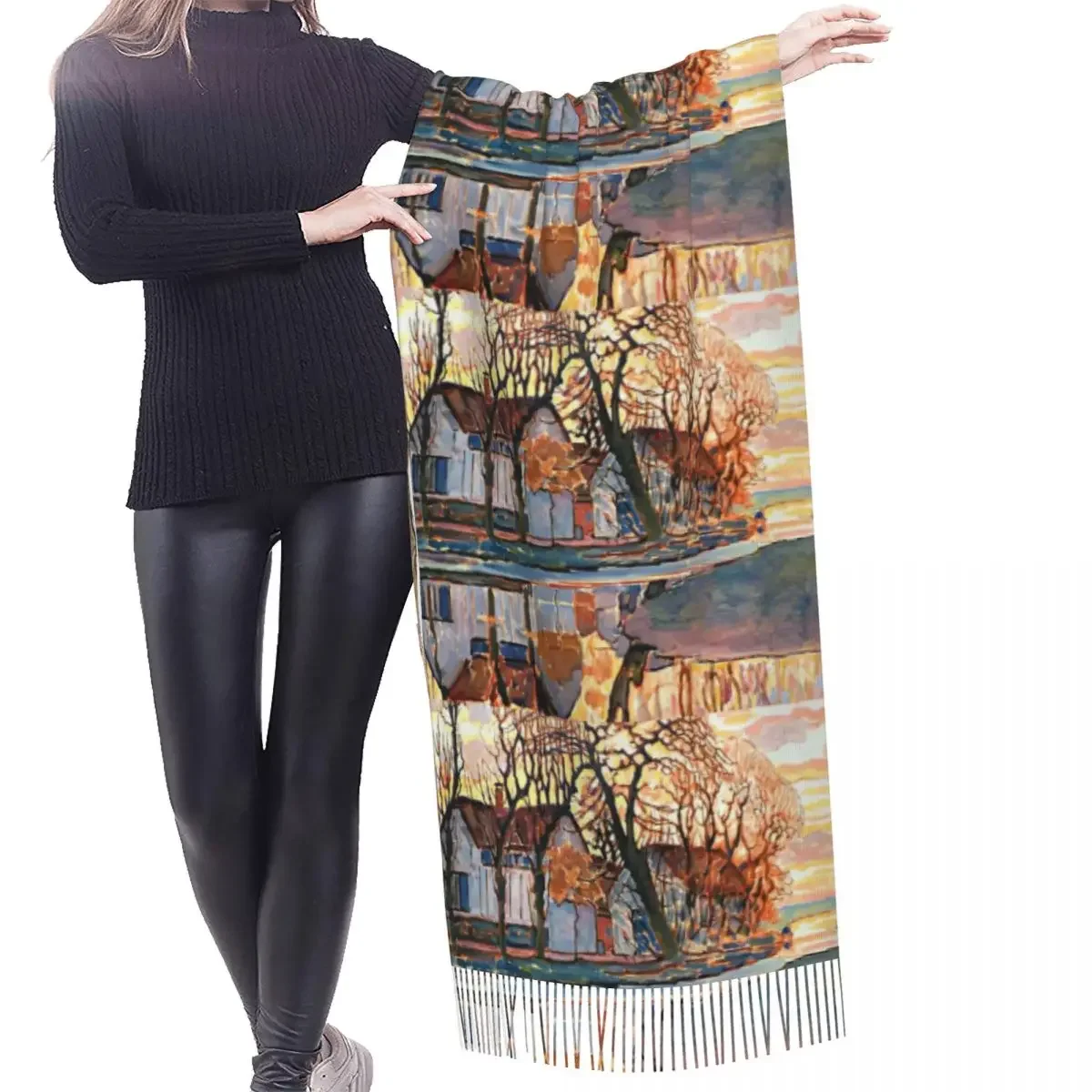 Fashion Piet Mondrian Abstract Art Farm Near Duivendrecht Tassel Scarf Women Winter Warm Shawls Wraps Lady Versatile Scarves