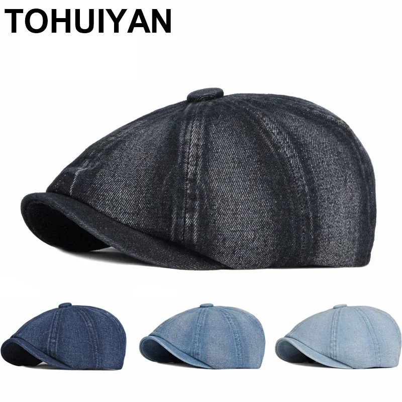 New Washed Denim Newsboy Hat Men British Style Solid Beret Cap Universal Boinas Flat Caps Duckbill Visor Gatsby Hats for Women