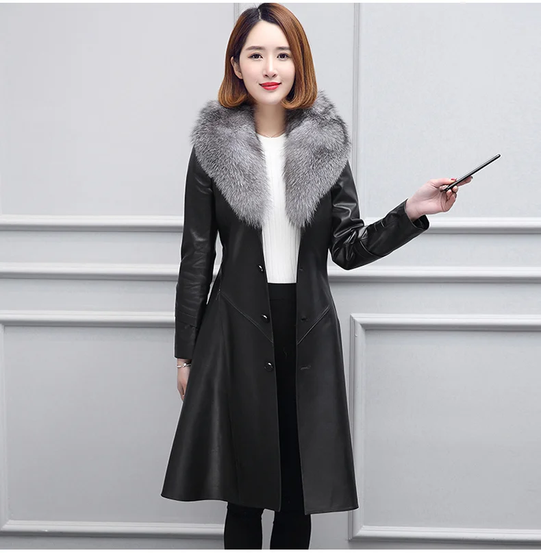 

2023 Genuine Leather Jacket for Women Long Real Sheepskin Coat Fox Fur Collar Elegant Leather Jakcets Jaqueta Feminina SGG