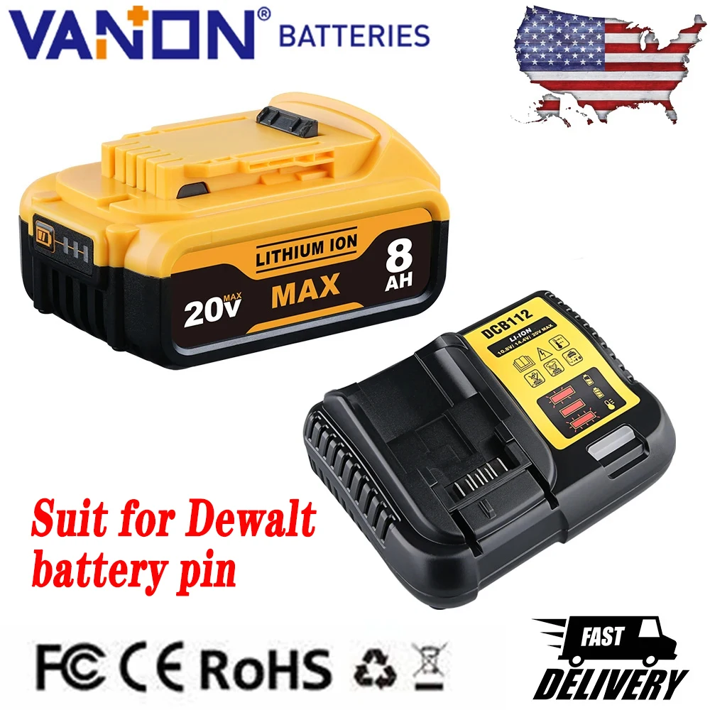 

Замена аккумулятора VANON 8,0 Ач для Dewalt DEWALT DCB200 DCB206 DCB204 DCB201 DCB205, штифт литий-ионного аккумулятора 20 В и зарядное устройство DCB112