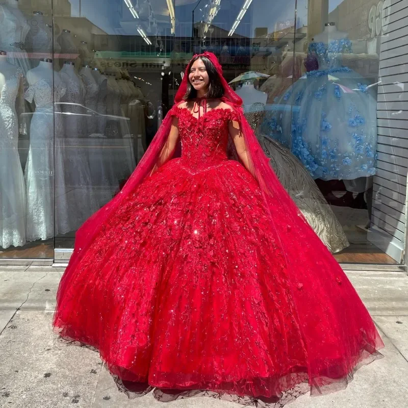 Vestido de baile vermelho quinceanera com capa, flor 3D, vestido Sweet 16, concurso de aplique, novo, 15 anos