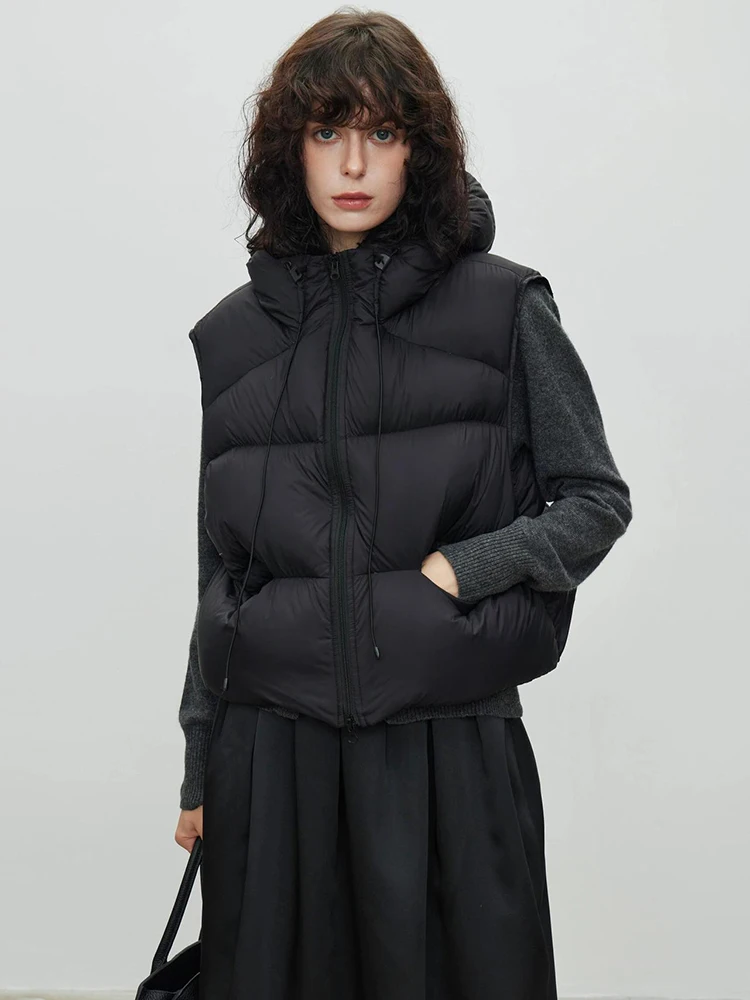 Otoño Invierno chaleco suelto con capucha mujer engrosamiento cálido acolchado chaleco abrigo mujer pato blanco abajo chaleco sin mangas con cremallera