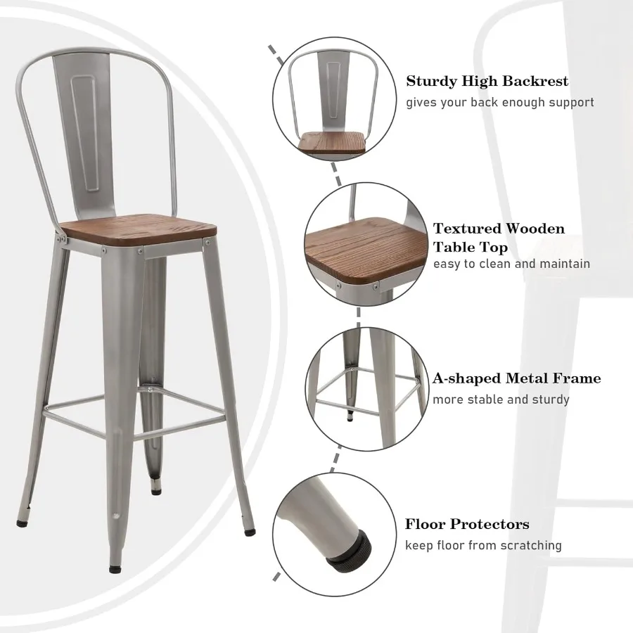 مجموعة 30 مقاعد بار معدنية قابلة للتخليص مكونة من 4 مقاعد للبار عالية الظهر مع مقعد خشبي مثالي للاستخدام الداخلي والخارجي #4