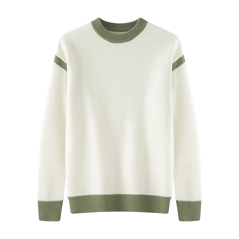 Autumn/Winter New Men's 100% Merino Wool Knitted Sweater O-Neck Long Sleeve Contrast Sweater High Street Pullover