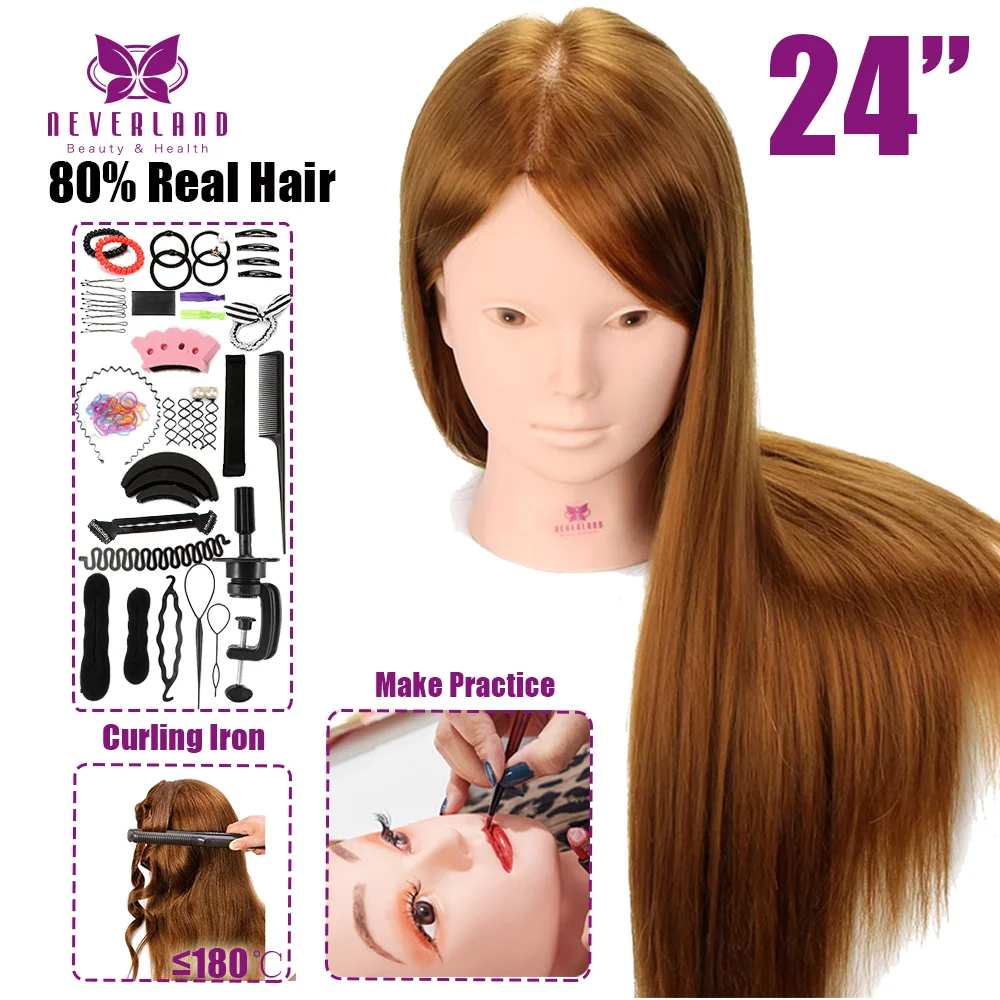 

24inch 26inch Make-up Mannequin Training Head with Real Hair Clamp Tool Set 80% Human Hair Hairdressing Practied Training Head