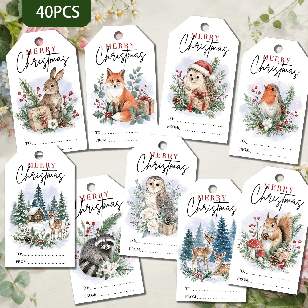 40pcs, Christmas Nordic Animal Decorative Tags, Holiday Gift Labels, Party Decoration, Handmade Packaging Accents, Jute Rope