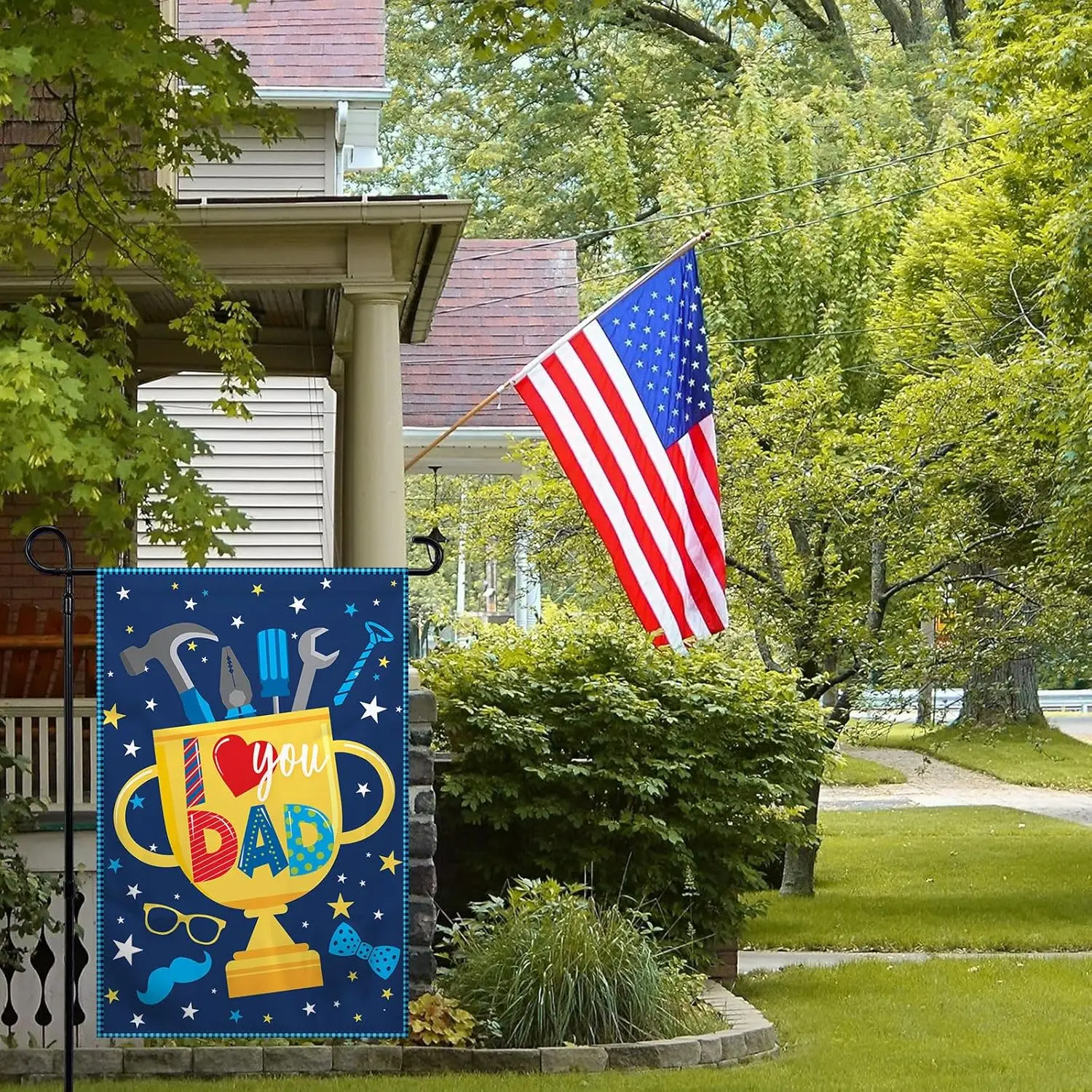 Happy Fathers Day Garden Flag 12x18 Inch Double Sided Trophy I Love You Dad Garden Flag for Yard Lawn Outdoor Decorative KKW