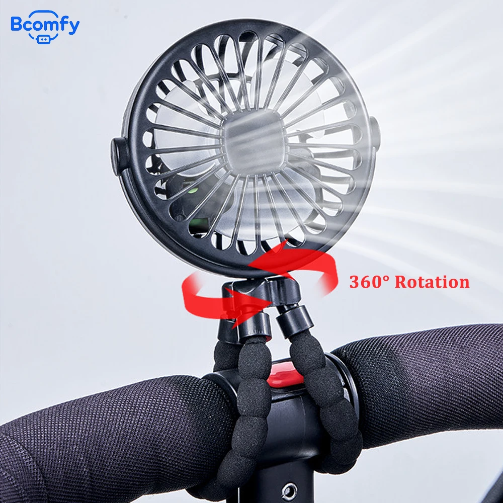 Portable Baby Stroller Fan Oscillating Clip-on Mini Cooling Fan Rechargeable 360° Rotatable Flexible Tripod for Pram Car Seat