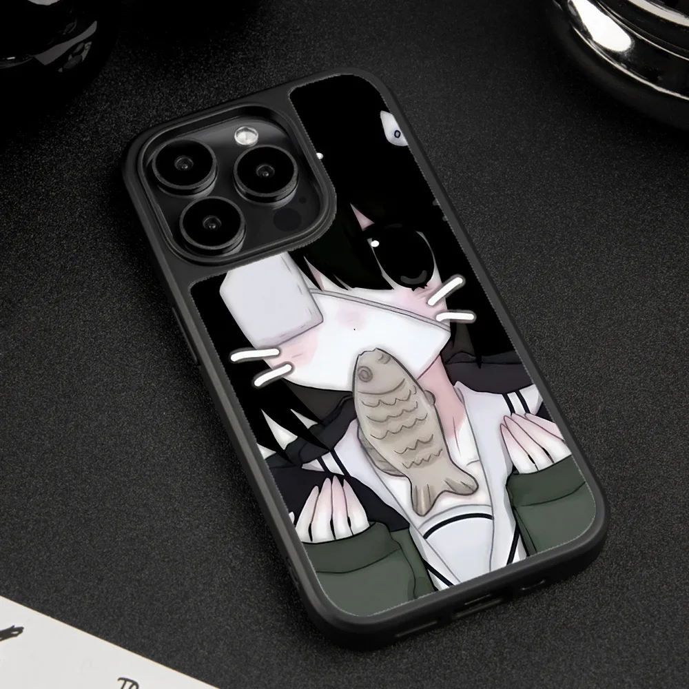 Anime Fish Eating Girl Illustration Black Box Phone Case for IPHONE 16PRO MAX 14 13 12 11 PRO 16 Plus Acrylic Mobile Phone Cases