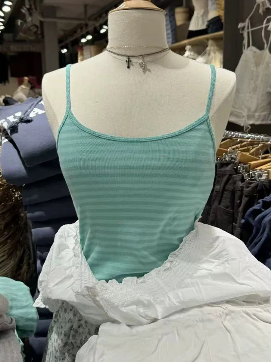 Image of Mintgrün gestreiftes, schmales Crop-Top für Damen, Sommer, neue Baumwolle, ärmellos, kurzes Camisole, lässig, süß, Streetwear, Weste, Y2k-Kleidung
