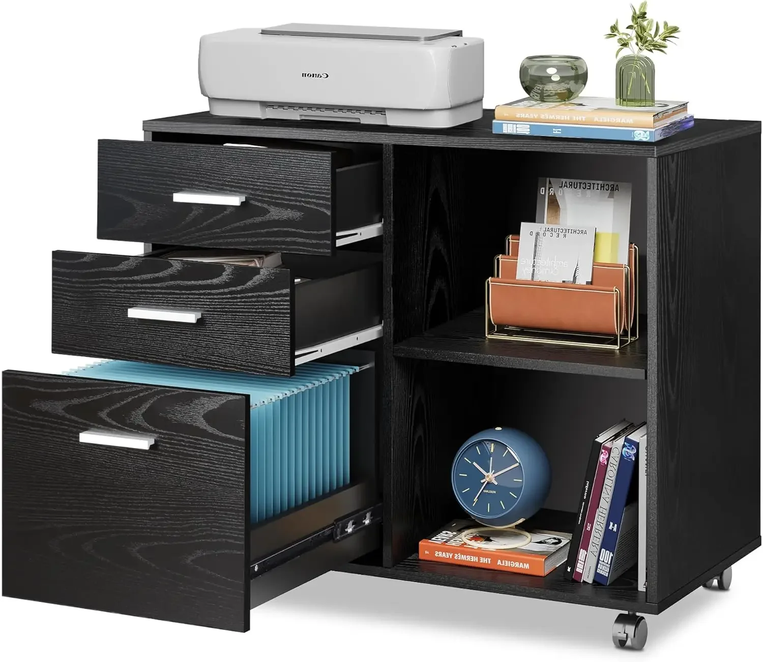 3-Drawer Wood File Cabinet, Mobile Lateral Filing Cabinet, Printer Stand with Open Storage Shelves for Home Office