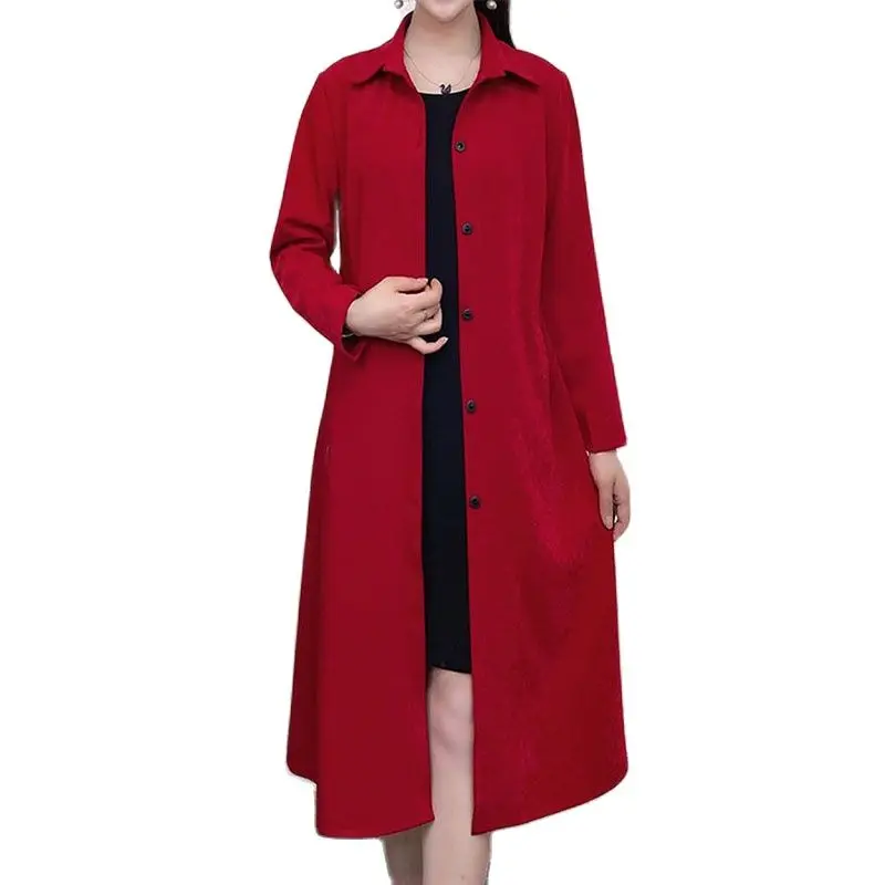 

Fashion Women's Trench Coat New Elegant Spring Autumn Windbreaker Outerwear Thin Over The knee Long Coat Red Black Female