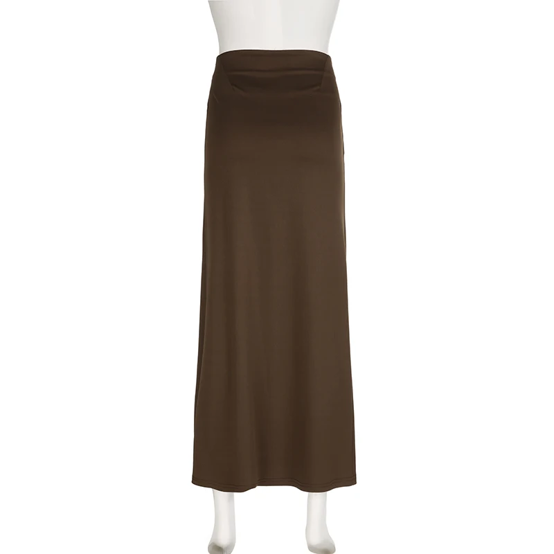 IAMHOTTY Knit Slim Solid Color One-Piece Slit Long Skirt Brown Chic Elegant Vintage Straight Maxi Skirts Grunge Streetwear 2023