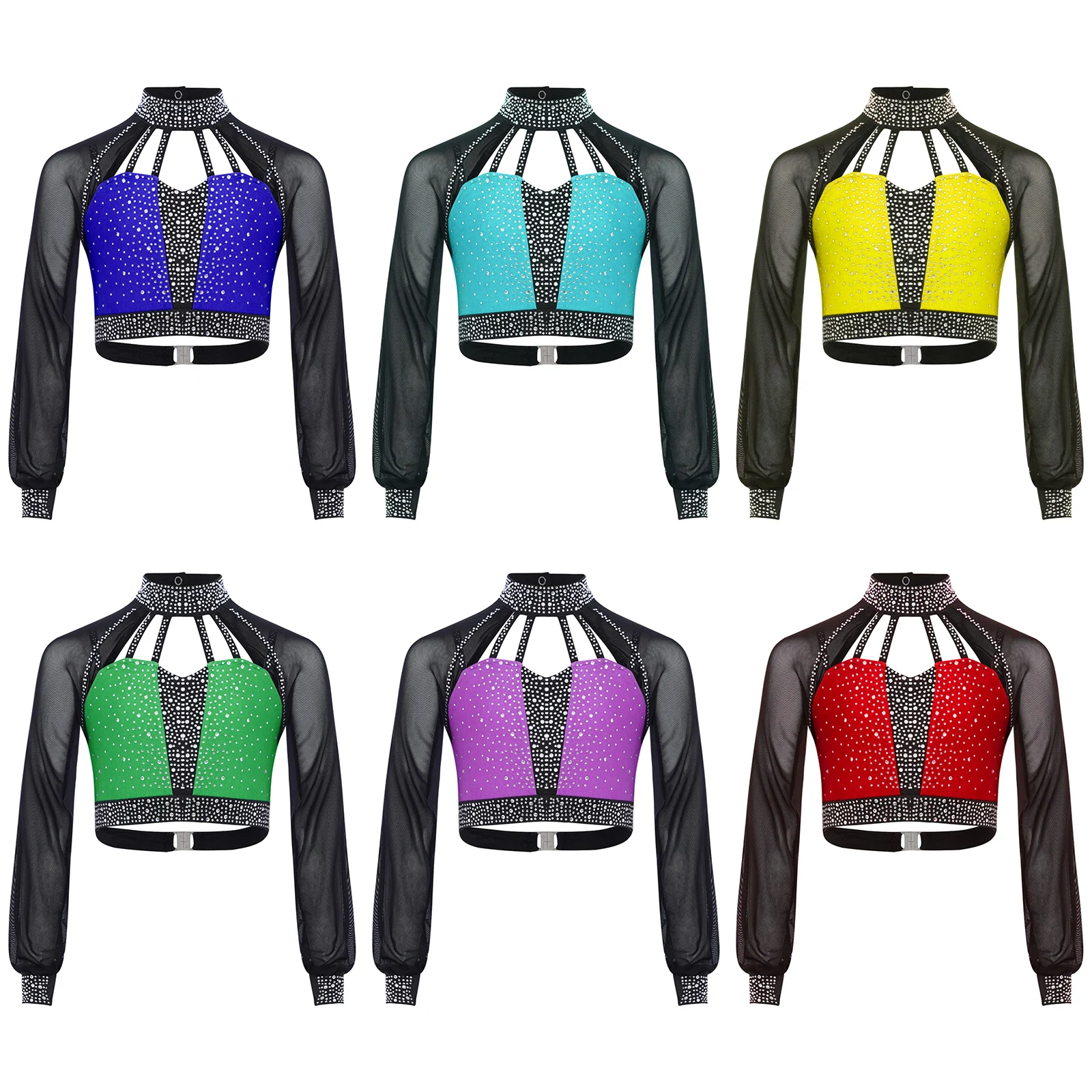 

Child Girl Figure Skating Performance Costume Long Sleeves Cutout Back Strappy Rhinestones Mesh Crop Top Ballet Modern Dancewear